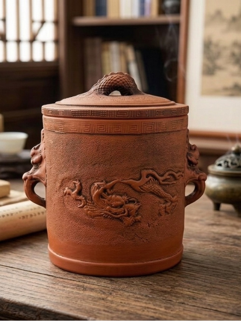 Vintage Terracotta Red Dragon Lidded Vase